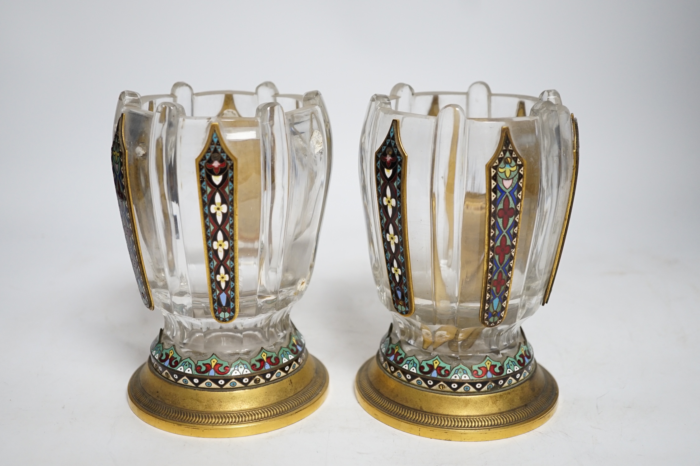 A pair of Barbedienne glass vases with champlevé enamel panels, 16.5cm high